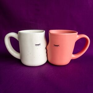 Uncommon Goods Kissing Face Mug Set Pink & Cream Ceramic Couple Coffee Cups